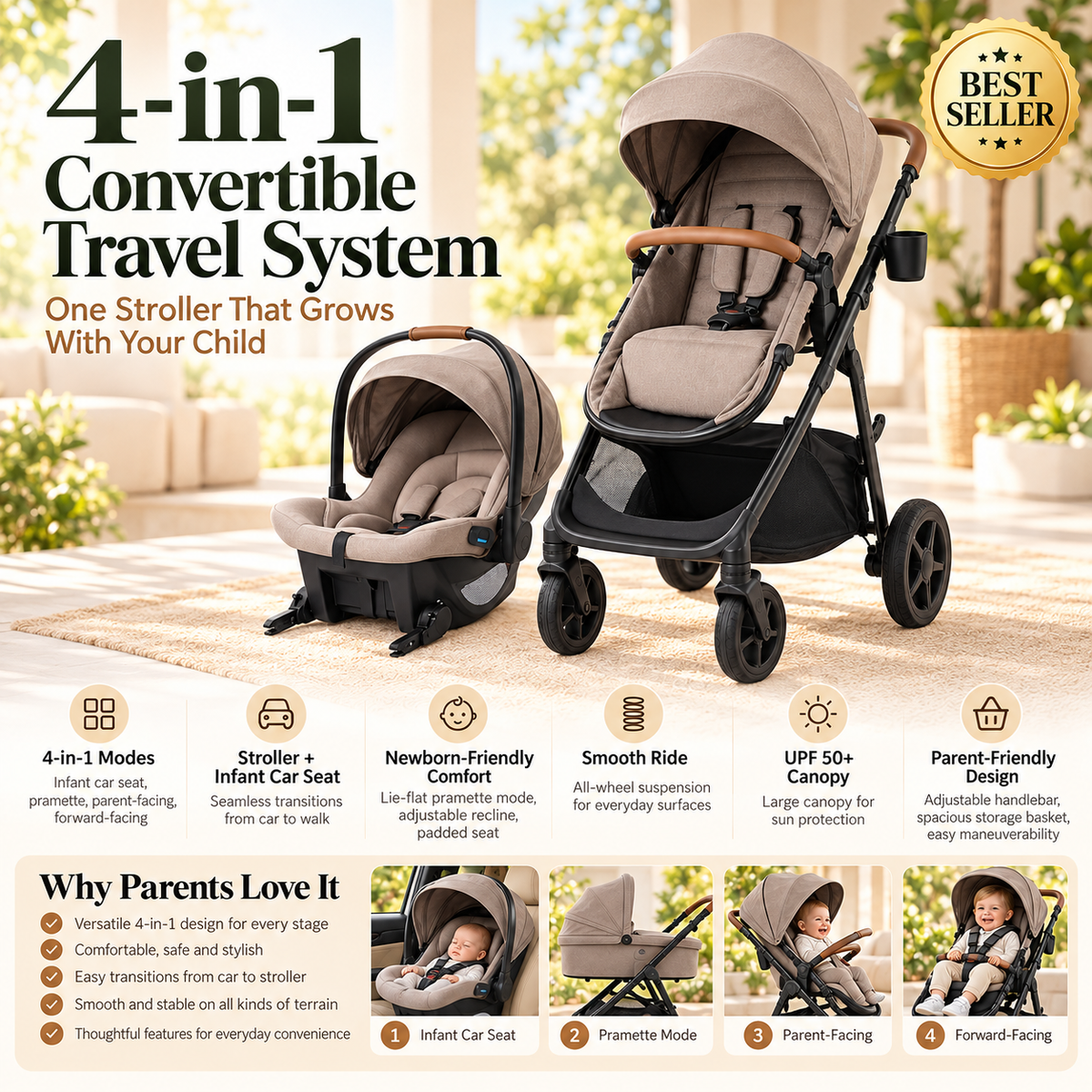 4-in-1 Baby Stroller Travel System with Infant Car Seat