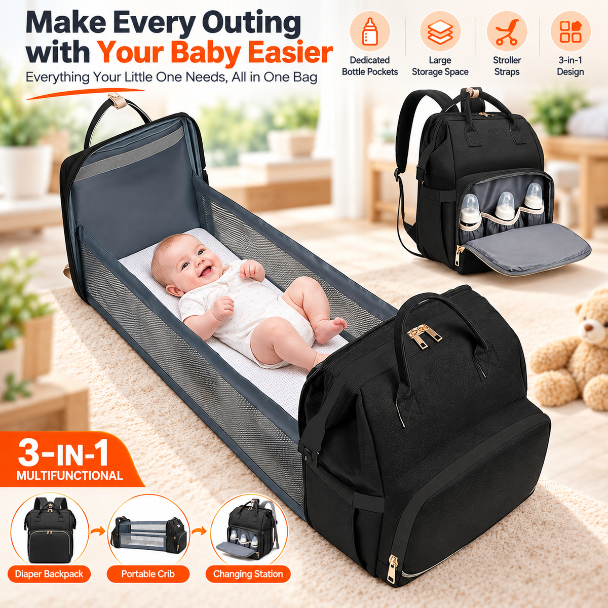 3 in 1 Multifunctional Baby Diaper Backpack with Stroller Straps