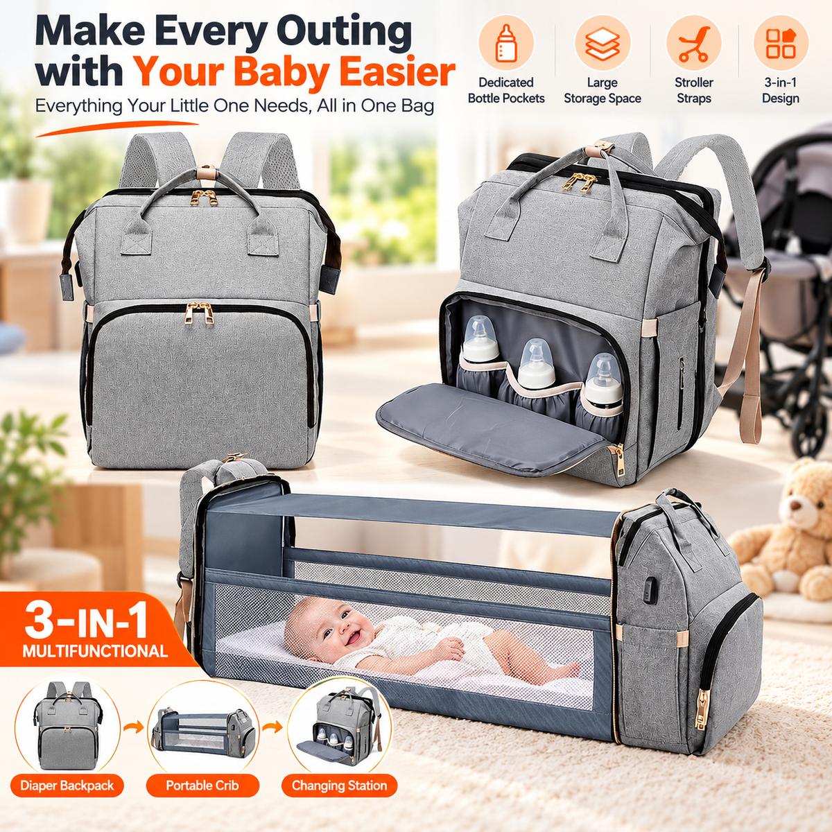 3 in 1 Multifunctional Baby Diaper Backpack with Stroller Straps
