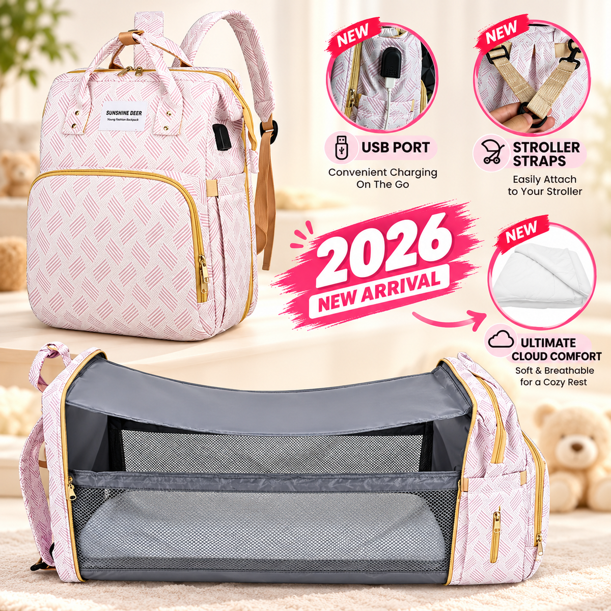 3 in 1 Multifunctional Baby Diaper Backpack with Stroller Straps