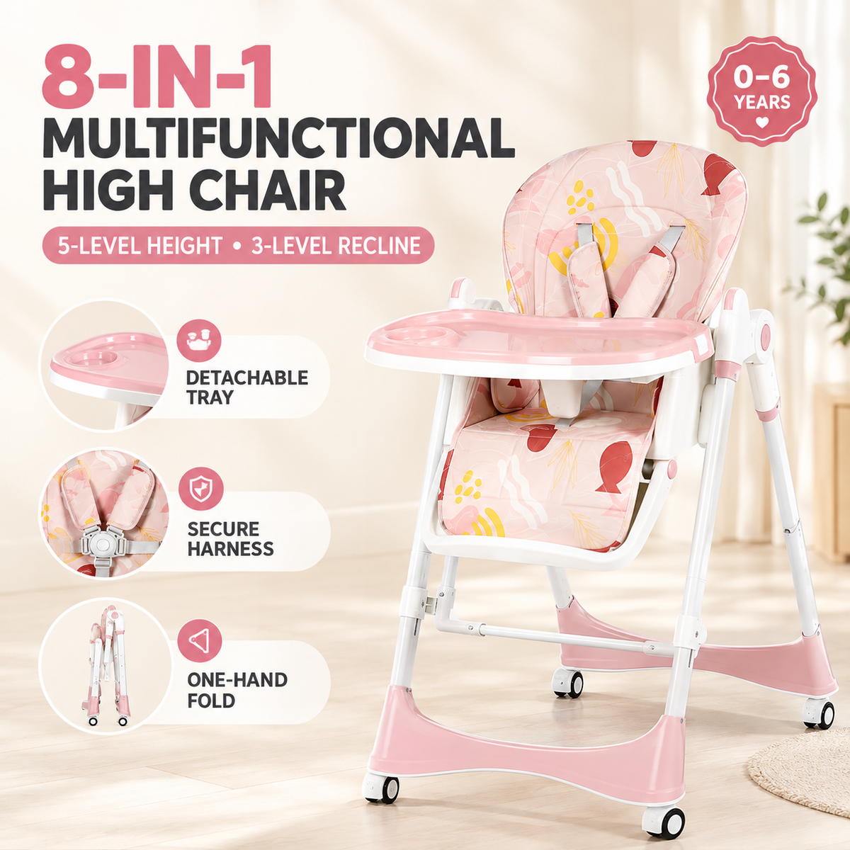 8-in-1 Adjustable Baby High Chair with Foldable Design