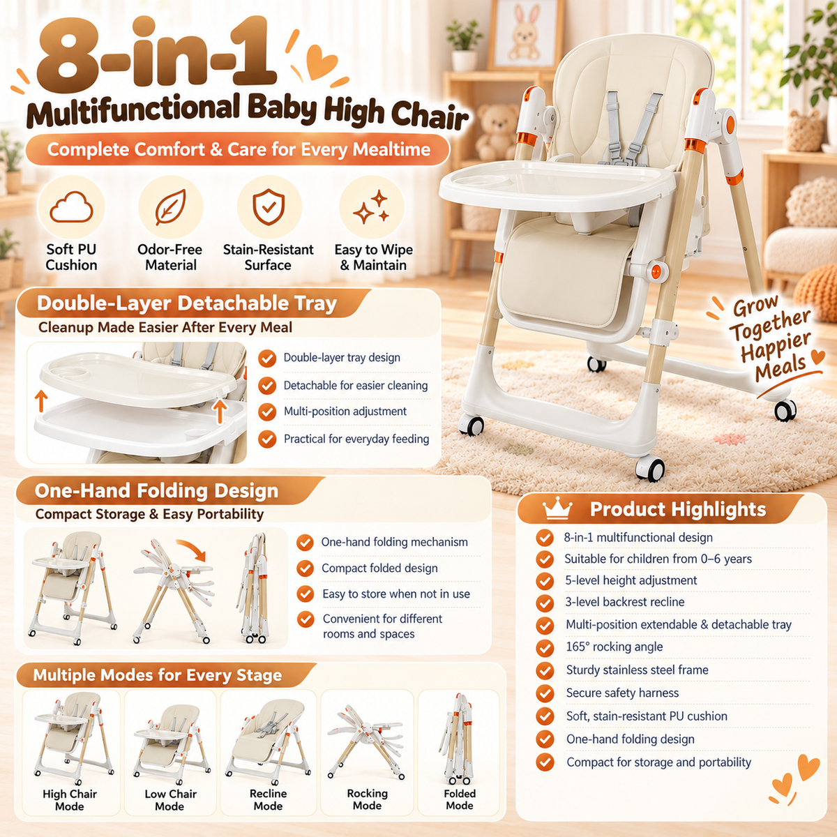 8-in-1 Adjustable Baby High Chair with Foldable Design