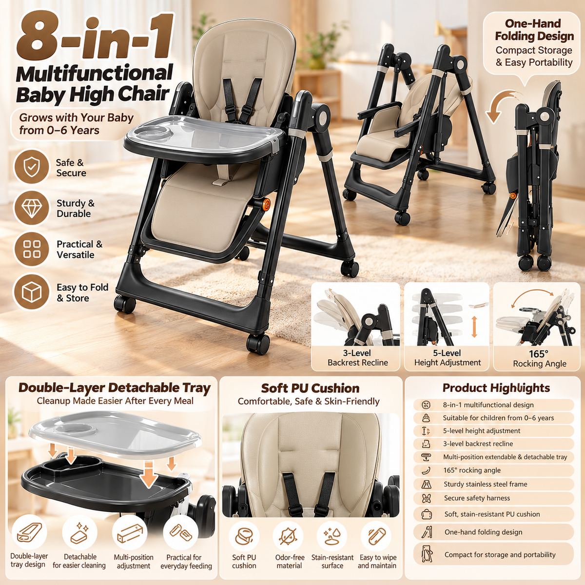 8-in-1 Adjustable Baby High Chair with Foldable Design