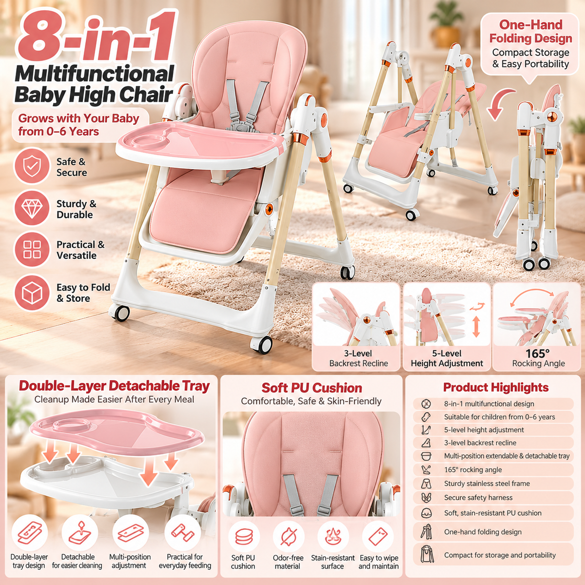8-in-1 Adjustable Baby High Chair with Foldable Design