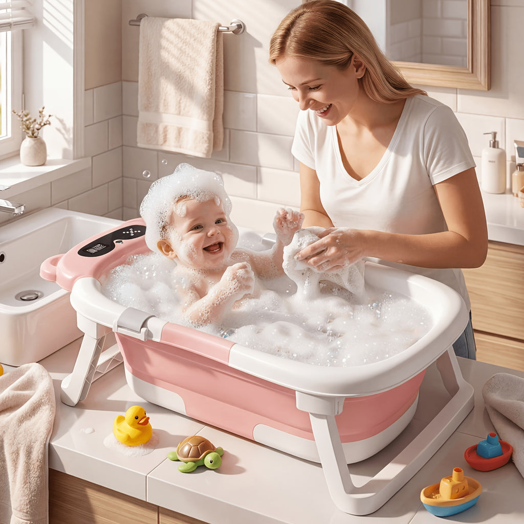 Foldable Baby Bathtub with Cushion & Thermometer