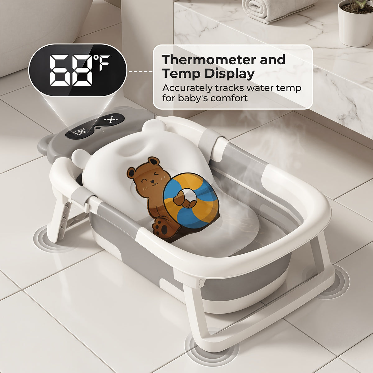 Foldable Baby Bathtub with Cushion & Thermometer