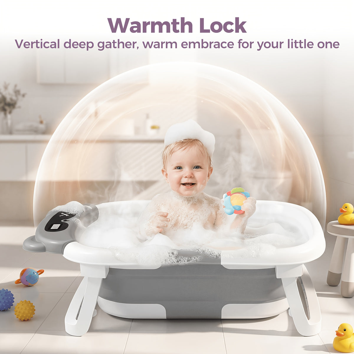 Foldable Baby Bathtub with Cushion & Thermometer