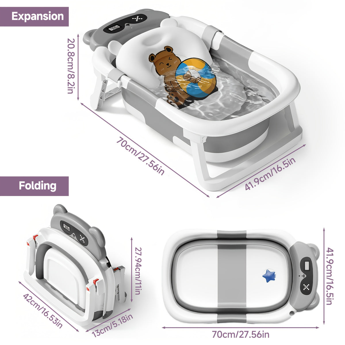 Foldable Baby Bathtub with Cushion & Thermometer