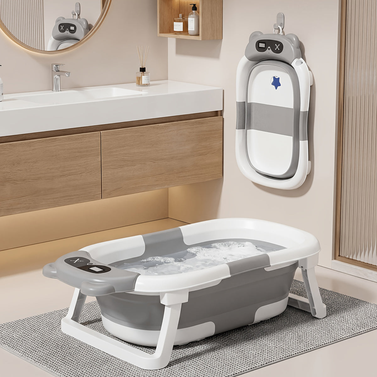 Foldable Baby Bathtub with Cushion & Thermometer