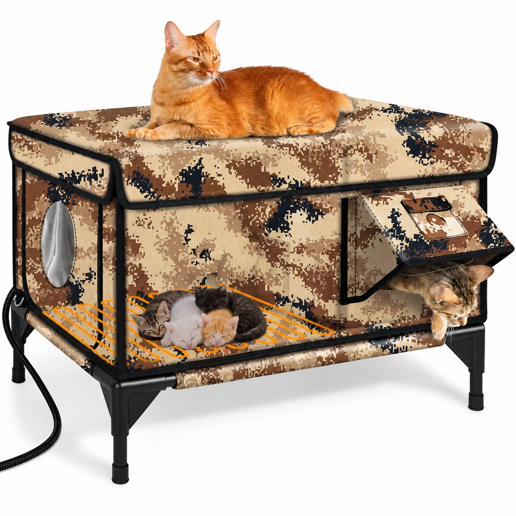💕Pet Care|🐾Heated Insulated Outdoor Cat House with Safe Escape Door