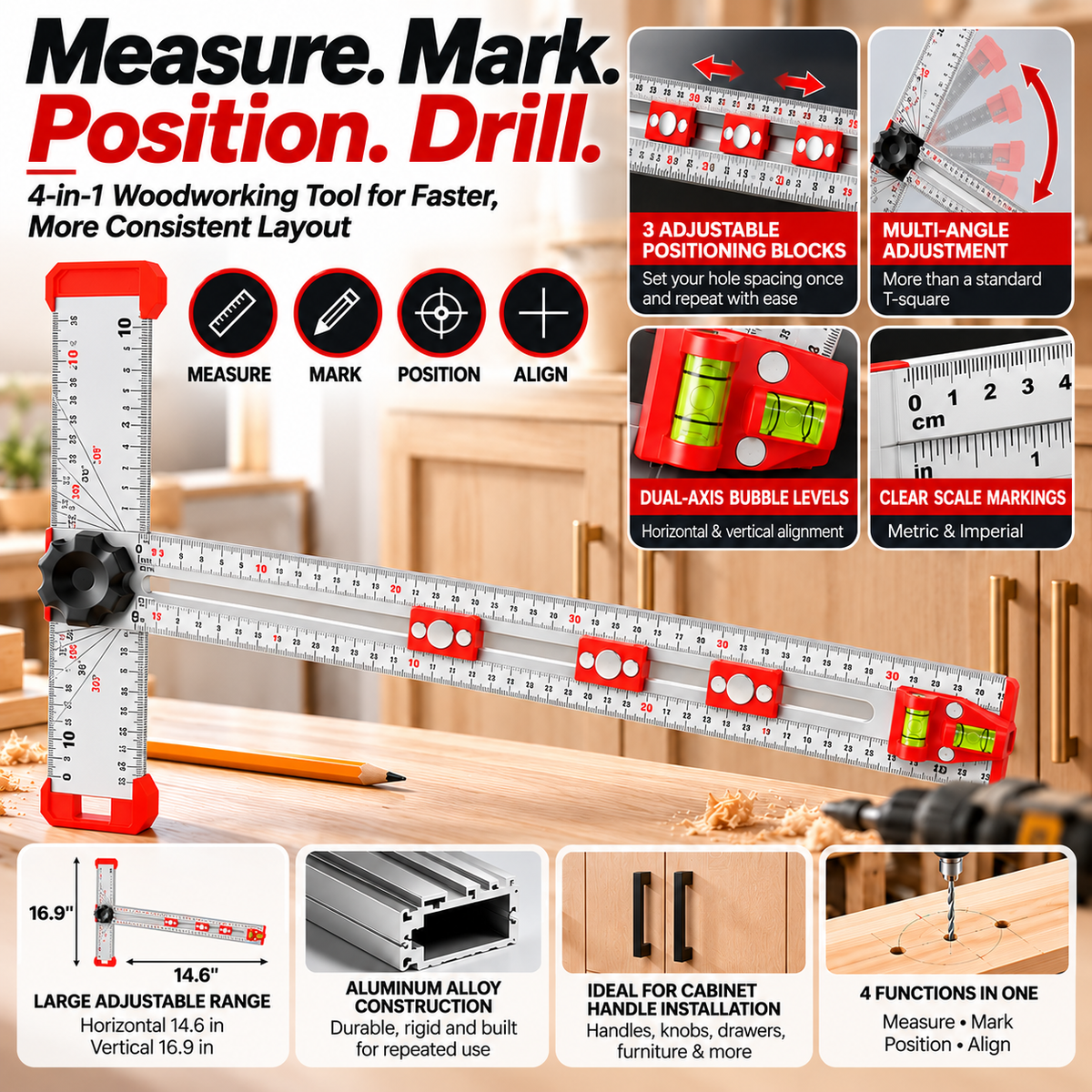 📐Woodworking Tool | 4-in-1 Adjustable T-Square Drilling & Positioning Ruler