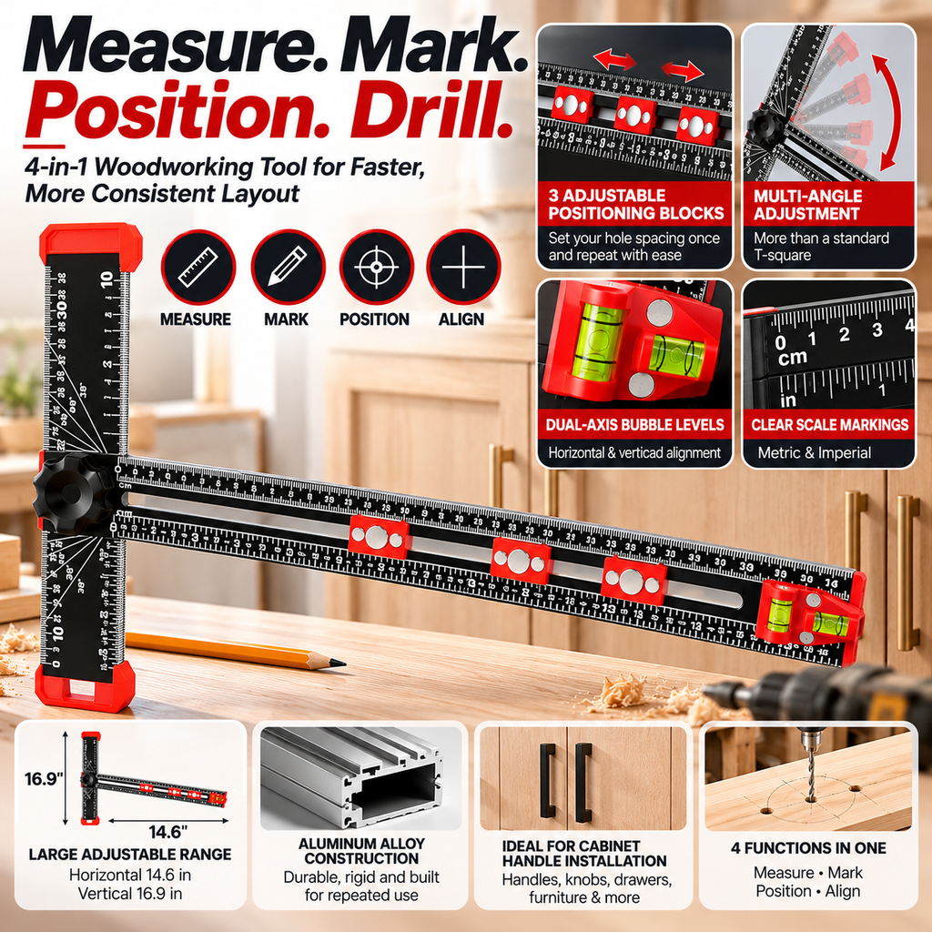 📐Woodworking Tool | 4-in-1 Adjustable T-Square Drilling & Positioning Ruler