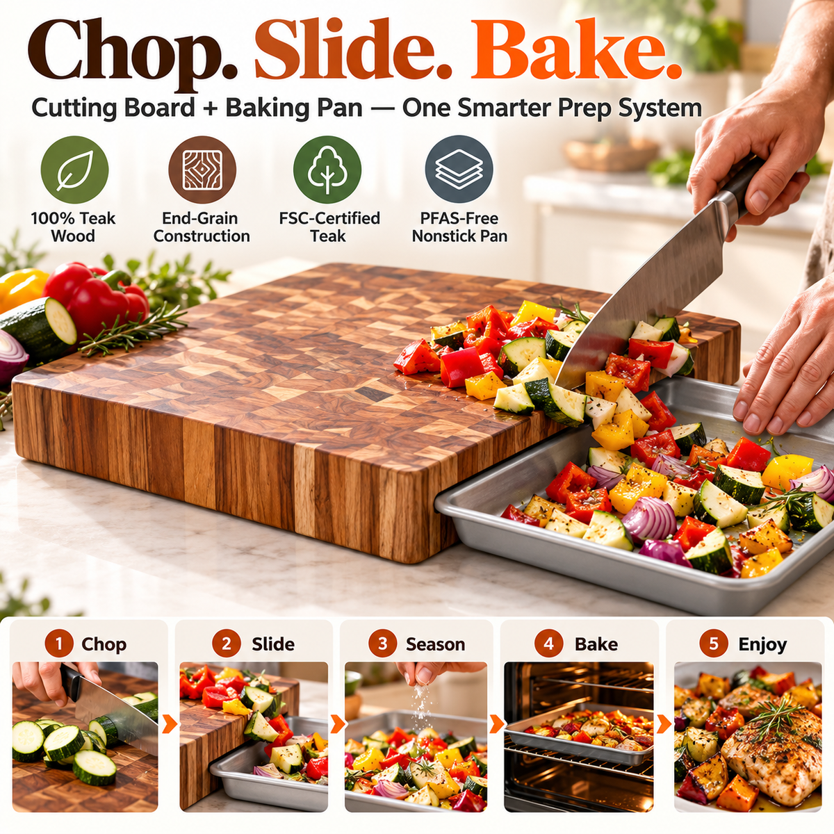 Teak Cutting Board & Quarter Sheet Pan Prep Set