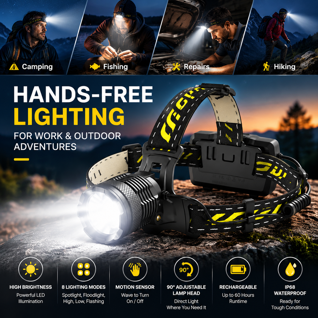 Rechargeable LED Headlamp🔦, 8 Modes, 90° Adjustable, IP68