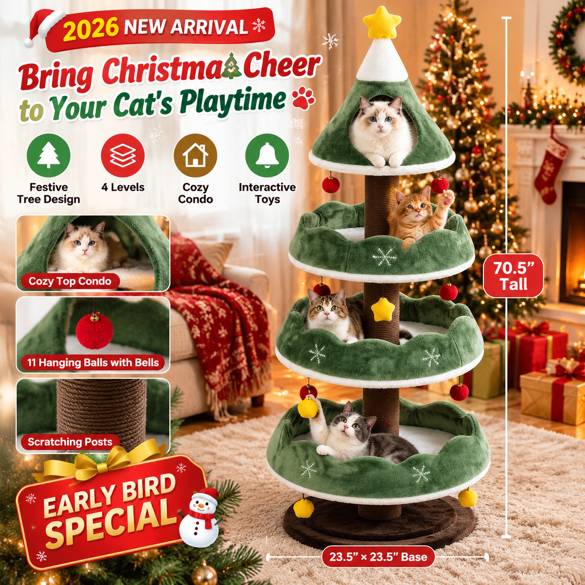🎁 Christmas Early Bird Special 🎄70.5-Inch Christmas Tree Cat Tower with Condo & Toys