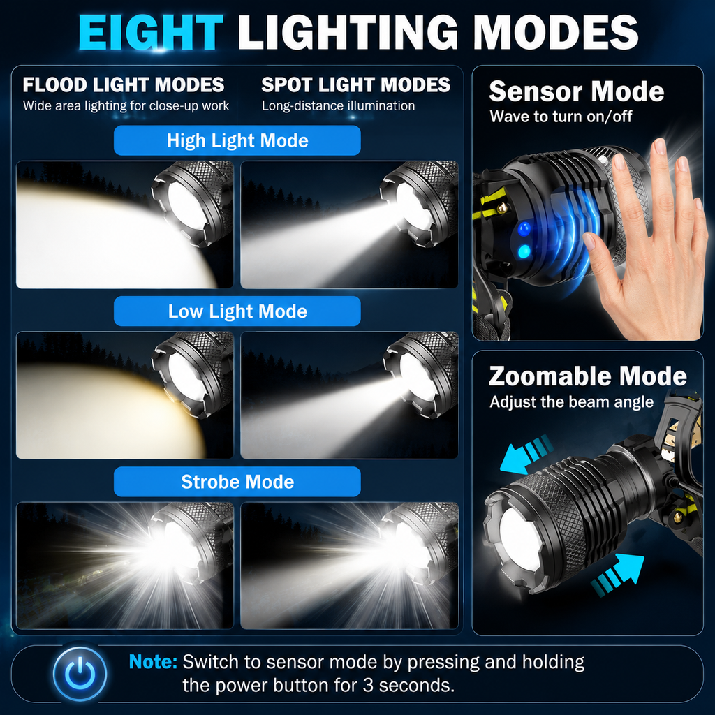 Rechargeable LED Headlamp🔦, 8 Modes, 90° Adjustable, IP68