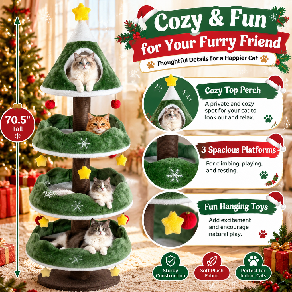 🎁 Christmas Early Bird Special 🎄70.5-Inch Christmas Tree Cat Tower with Condo & Toys