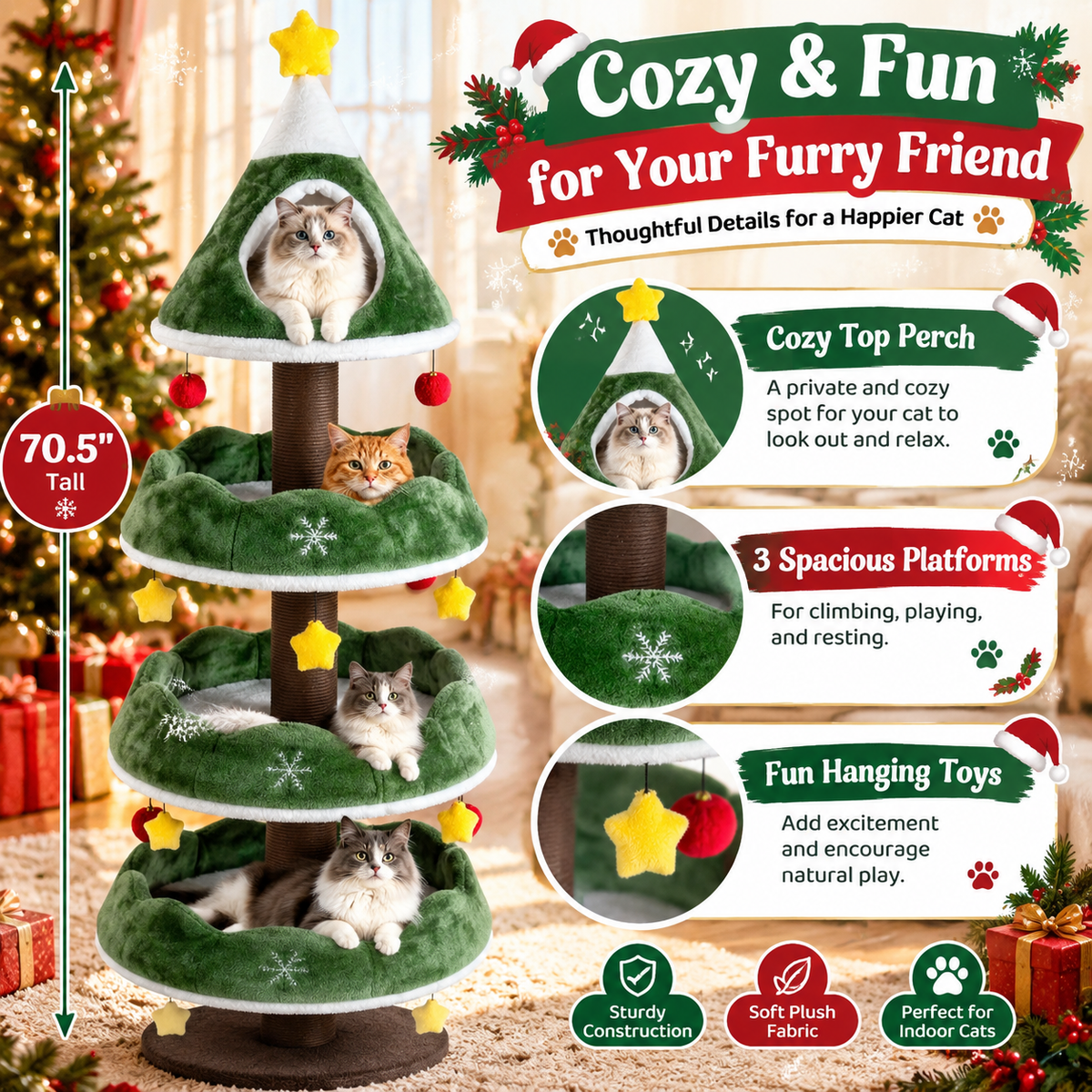 🎁 Christmas Early Bird Special 🎄70.5-Inch Christmas Tree Cat Tower with Condo & Toys