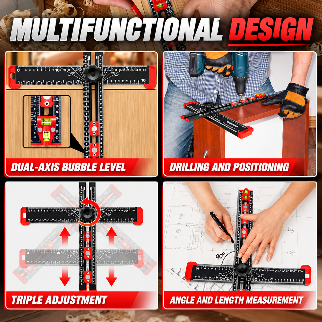 📐Woodworking Tool | 4-in-1 Adjustable T-Square Drilling & Positioning Ruler