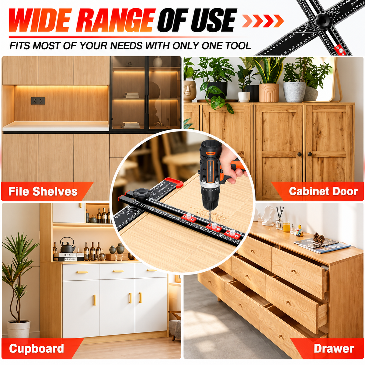 📐Woodworking Tool | 4-in-1 Adjustable T-Square Drilling & Positioning Ruler