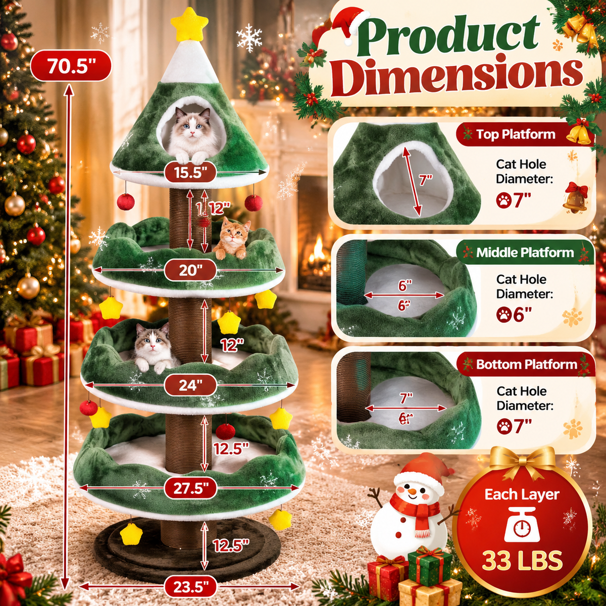 🎁 Christmas Early Bird Special 🎄70.5-Inch Christmas Tree Cat Tower with Condo & Toys