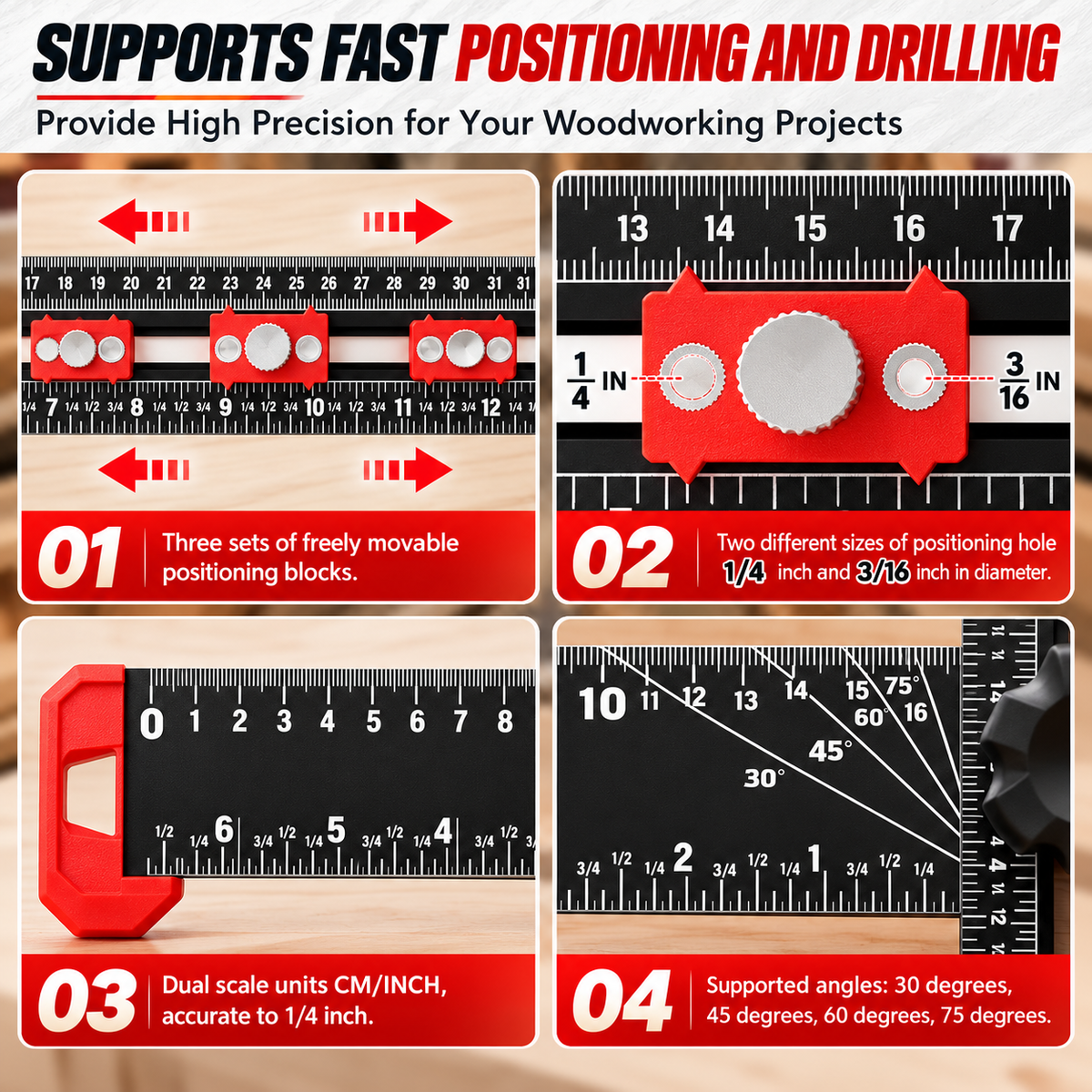 📐Woodworking Tool | 4-in-1 Adjustable T-Square Drilling & Positioning Ruler