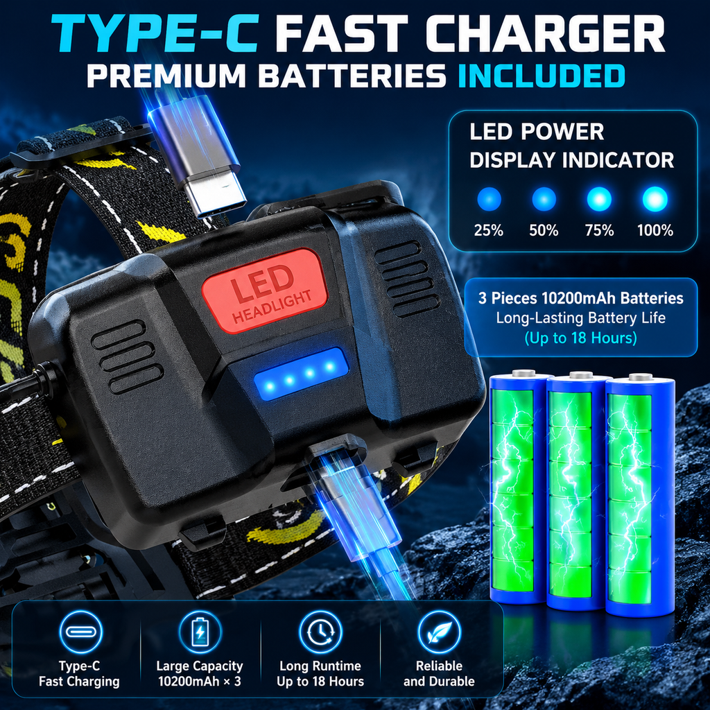 Rechargeable LED Headlamp🔦, 8 Modes, 90° Adjustable, IP68