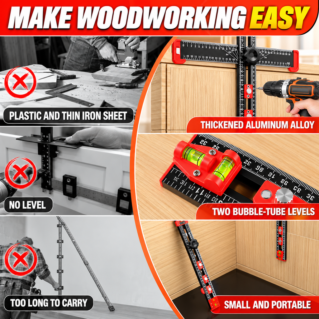 📐Woodworking Tool | 4-in-1 Adjustable T-Square Drilling & Positioning Ruler