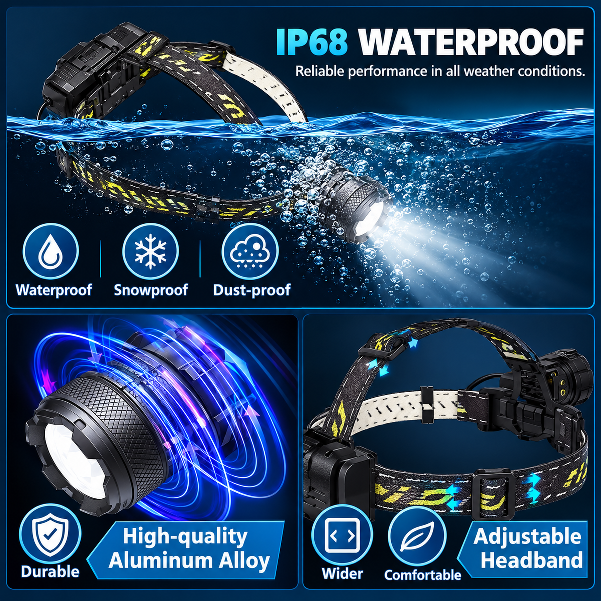 Rechargeable LED Headlamp🔦, 8 Modes, 90° Adjustable, IP68