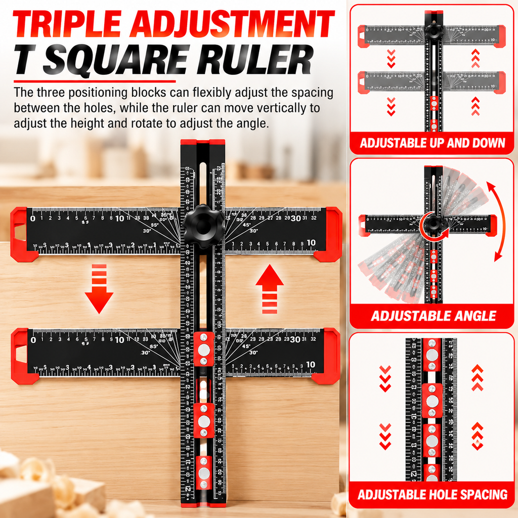 📐Woodworking Tool | 4-in-1 Adjustable T-Square Drilling & Positioning Ruler