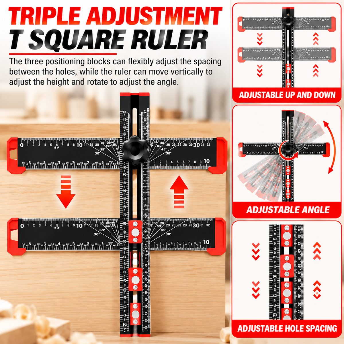 📐Woodworking Tool | 4-in-1 Adjustable T-Square Drilling & Positioning Ruler