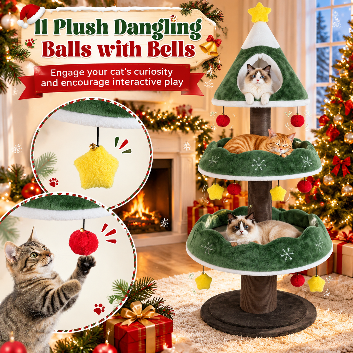 🎁 Christmas Early Bird Special 🎄70.5-Inch Christmas Tree Cat Tower with Condo & Toys