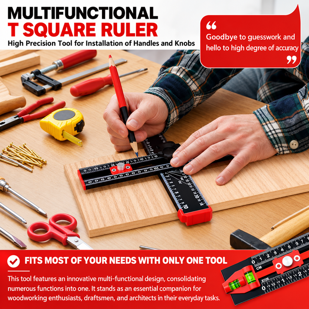 📐Woodworking Tool | 4-in-1 Adjustable T-Square Drilling & Positioning Ruler
