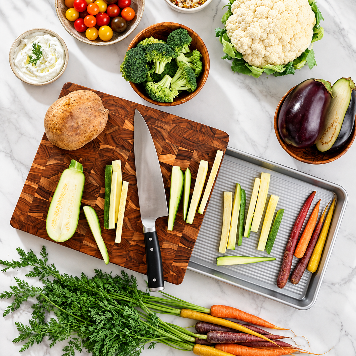 Teak Cutting Board & Quarter Sheet Pan Prep Set