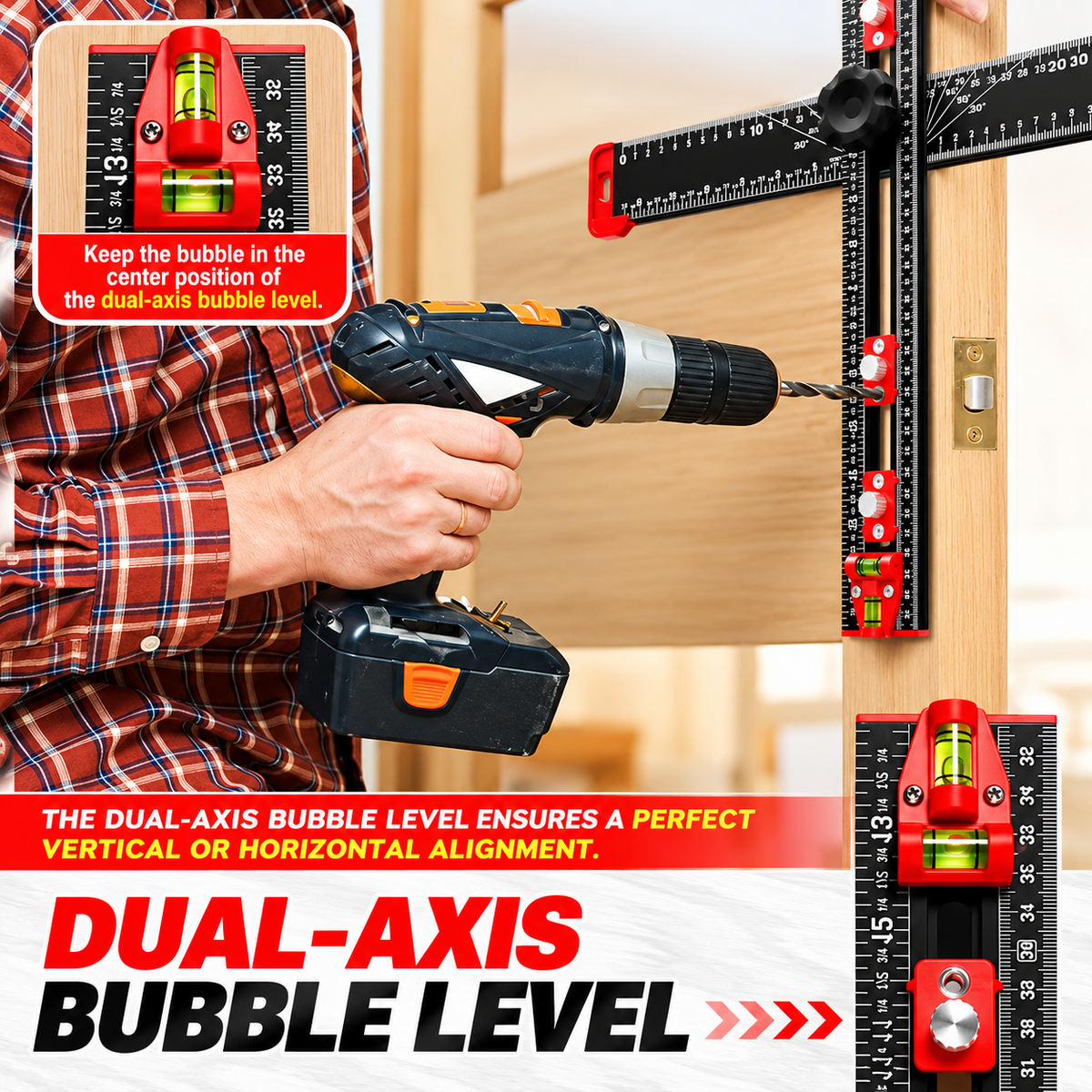 📐Woodworking Tool | 4-in-1 Adjustable T-Square Drilling & Positioning Ruler
